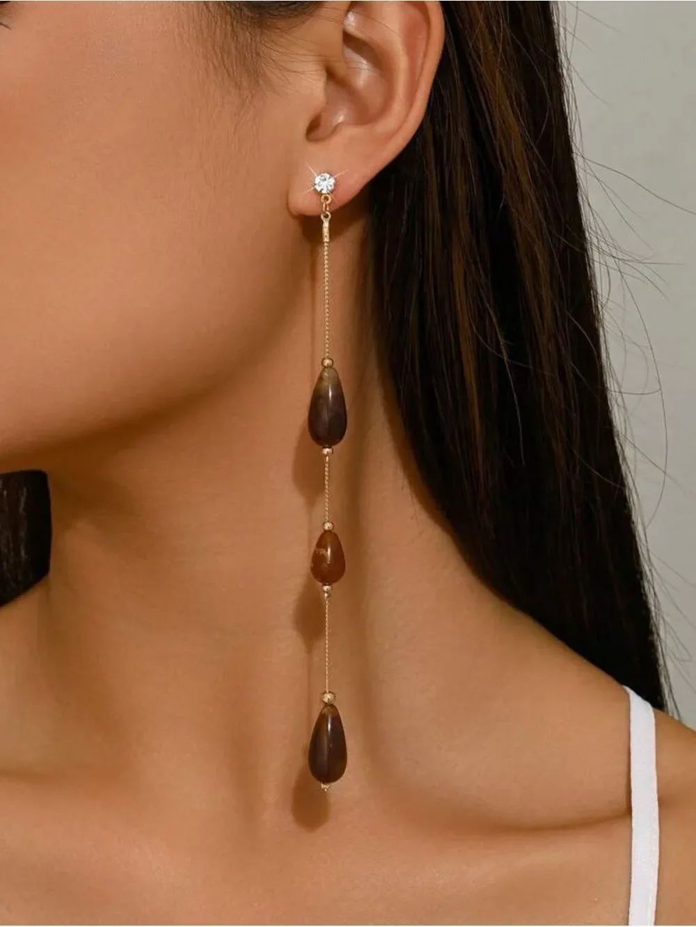 Chain Drop Earrings with Brown Teardrops A1707
